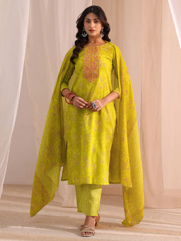 Gerua By Libas - Green Printed Straight Cotton Kurta with Pant and Dupatta