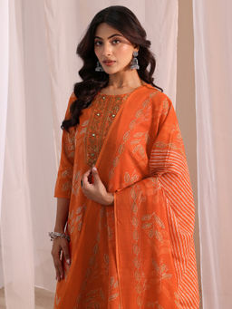 Gerua By Libas - Orange Printed Straight Cotton Kurta with Pant and Dupatta