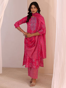 Gerua By Libas - Pink Printed Straight Cotton Kurta with Pant and Dupatta