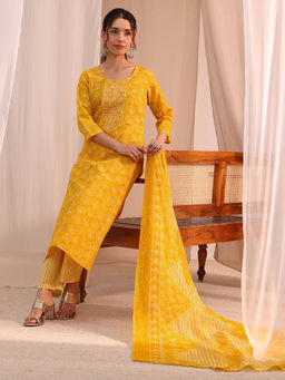 Gerua By Libas - Yellow Printed Straight Cotton Kurta with Pant and Dupatta
