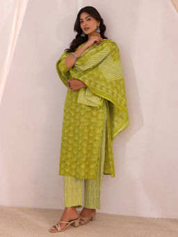 Gerua By Libas - Green Printed Straight Cotton Kurta with Pant and Dupatta