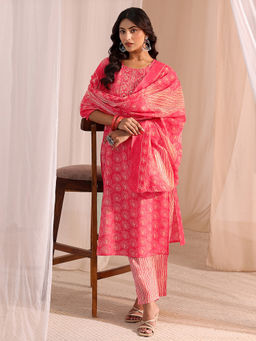 Gerua By Libas - Pink Printed Straight Cotton Kurta with Pant and Dupatta