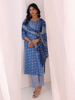 Gerua By Libas - Blue Printed Straight Cotton Kurta with Pant and Dupatta