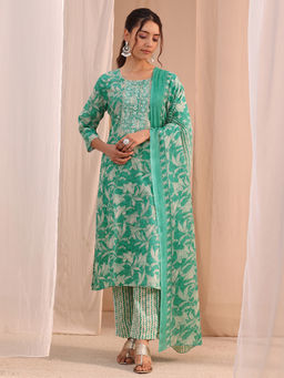 Gerua By Libas - Turquoise Printed Straight Cotton Kurta with Pant and Dupatta