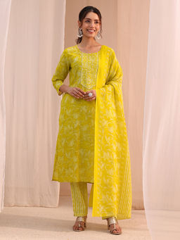 Gerua By Libas - Yellow Printed Straight Cotton Kurta with Pant and Dupatta