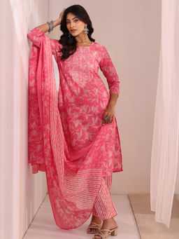 Gerua By Libas - Pink Printed Straight Cotton Kurta with Pant and Dupatta