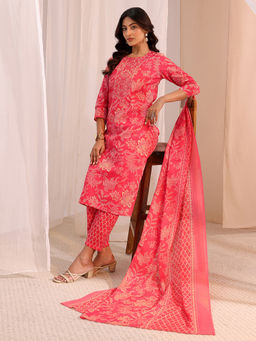 Gerua By Libas - Pink Printed Straight Cotton Kurta with Pant and Dupatta