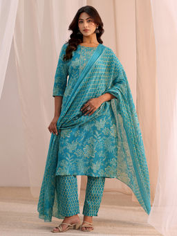 Gerua By Libas - Blue Printed Straight Cotton Kurta with Pant and Dupatta