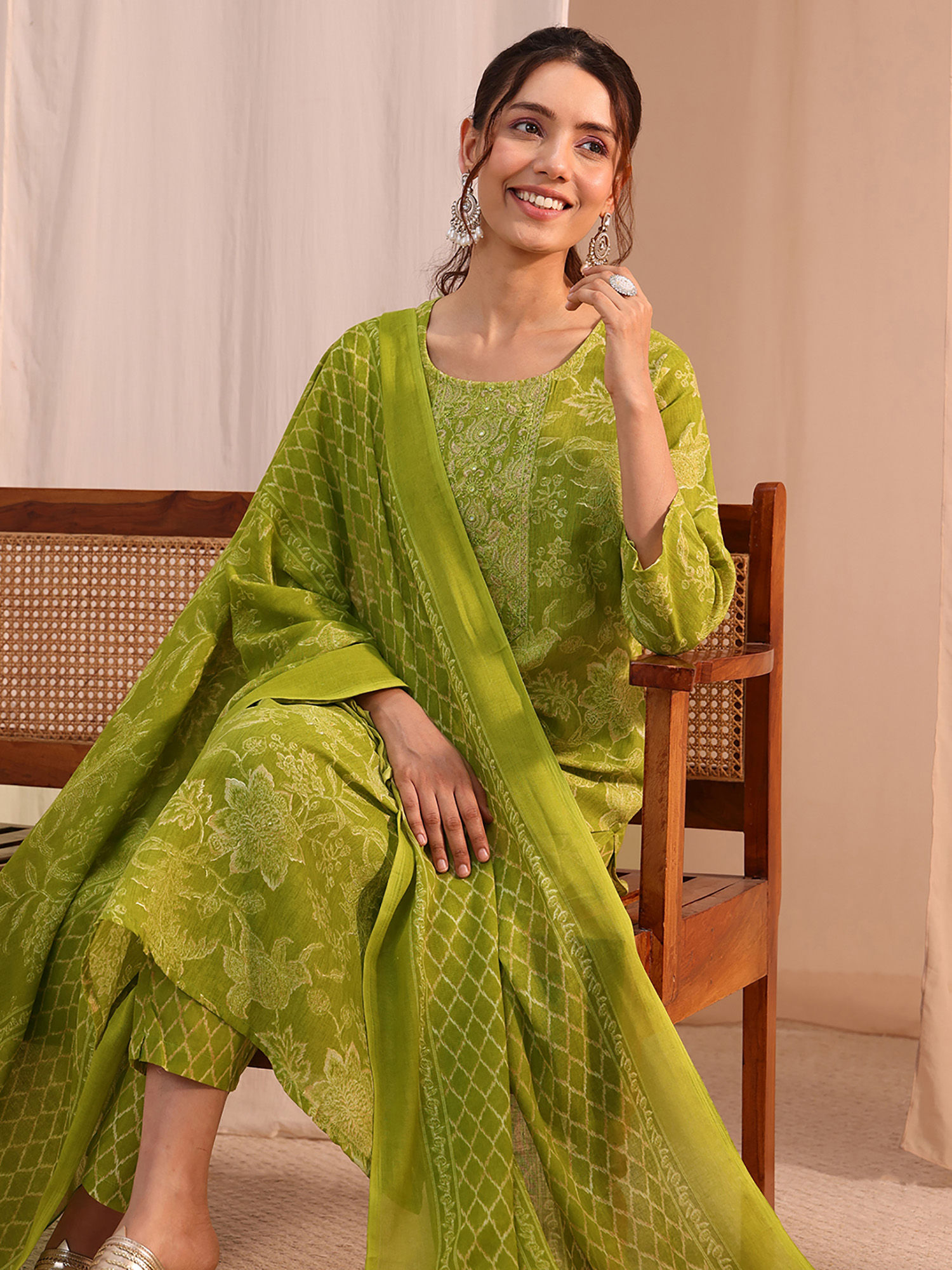 Green Printed Straight Cotton Kurta with Pant and Dupatta-picture-28
