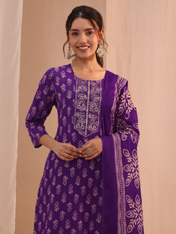 Gerua By Libas - Purple Printed Straight Cotton Kurta with Pant and Dupatta