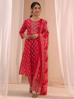 Gerua By Libas - Red Printed Straight Cotton Kurta with Pant and Dupatta