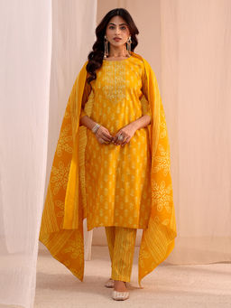Gerua By Libas - Mustard Printed Straight Cotton Kurta with Pant and Dupatta