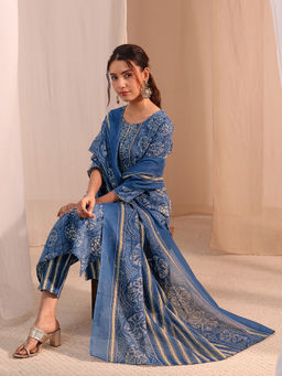 Gerua By Libas - Blue Printed Straight Cotton Kurta with Pant and Dupatta