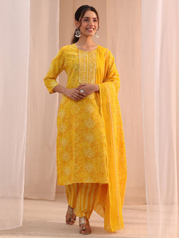 Gerua By Libas - Yellow Printed Straight Cotton Kurta with Pant and Dupatta