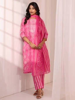 Gerua By Libas - Pink Printed Straight Cotton Kurta with Pant and Dupatta