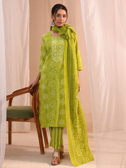 Gerua By Libas - Green Printed Straight Cotton Kurta with Pant and Dupatta