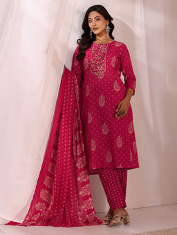 Gerua By Libas - Pink Printed Straight Cotton Kurta with Pant and Dupatta