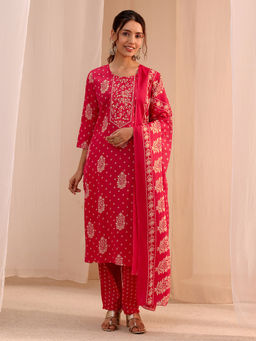 Gerua By Libas - Red Printed Straight Cotton Kurta with Pant and Dupatta