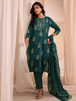 Gerua By Libas - Teal Printed Straight Cotton Kurta with Pant and Dupatta