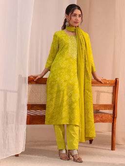 Gerua By Libas - Green Printed Straight Cotton Kurta with Pant and Dupatta