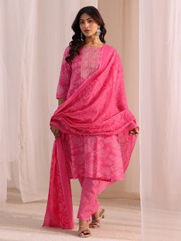 Gerua By Libas - Pink Printed Straight Cotton Kurta with Pant and Dupatta