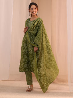 Gerua By Libas - Green Printed Straight Cotton Kurta with Pant and Dupatta