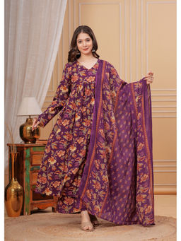 Meera Fab - Purple Floral Regular Cotton Kurta with Pant and Dupatta