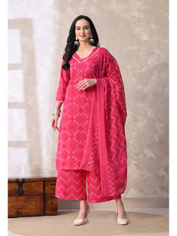 Meera Fab - Pink Printed Regular Cotton Kurta with Palazzo and Dupatta