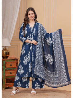 Meera Fab - Blue Floral Regular Cotton Kurta with Palazzo and Dupatta