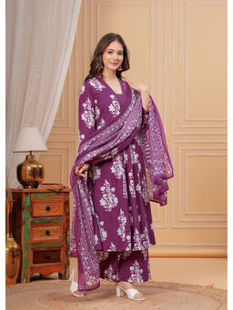 Meera Fab - Purple Floral Regular Cotton Kurta with Palazzo and Dupatta