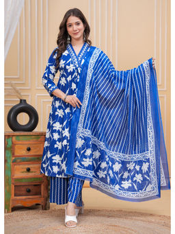 Meera Fab - Blue Floral Regular Cotton Kurta with Palazzo and Dupatta
