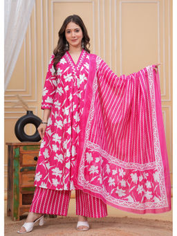 Meera Fab - Pink Floral Regular Cotton Kurta with Palazzo and Dupatta