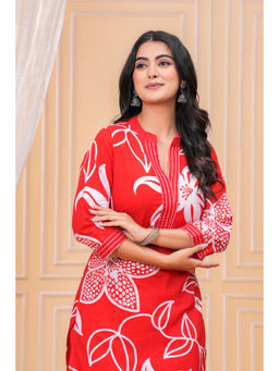 Meera Fab - Red Floral Regular Cotton Kurta and Pant