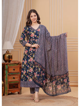 Meera Fab - Blue Floral Regular Cotton Kurta with Pant and Dupatta