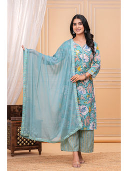 Meera Fab - Blue Floral Regular Cotton Kurta with Pant and Dupatta