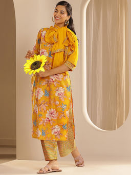 Meera Fab - Yellow Floral Regular Cotton Kurta with Pant and Dupatta
