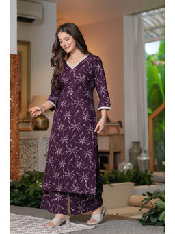 Meera Fab - Wine Floral Regular Cotton Kurta and Palazzo