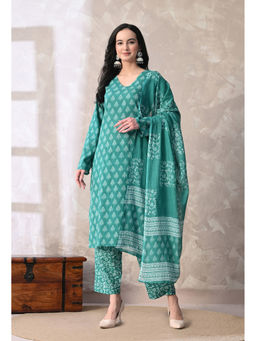 Meera Fab - Green Floral Regular Cotton Kurta with Pant and Dupatta