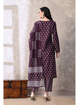 Meera Fab - Wine Floral Regular Cotton Kurta with Pant and Dupatta