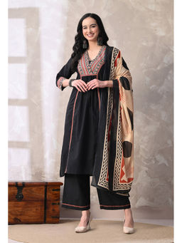 Meera Fab - Black Printed Regular Cotton Kurta with Palazzo and Dupatta