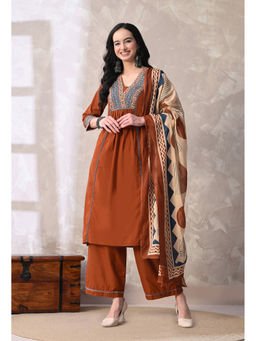 Meera Fab - Rust Printed Regular Cotton Kurta with Palazzo and Dupatta
