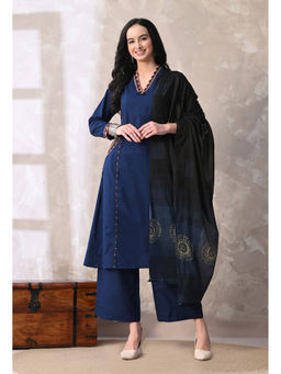 Meera Fab - Blue Embroidered Regular Cotton Kurta with Palazzo and Dupatta