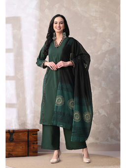 Meera Fab - Green Embroidered Regular Cotton Kurta with Palazzo and Dupatta