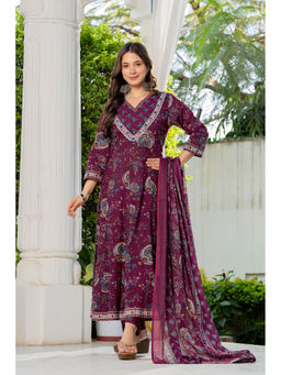 Meera Fab - Maroon Floral Regular Cotton Kurta with Pant and Dupatta