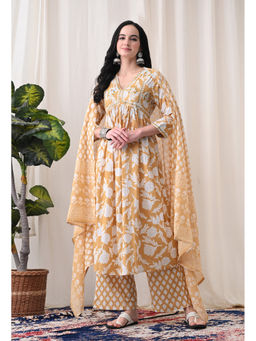 Meera Fab - Yellow Embroidered Regular Cotton Kurta with Pant and Dupatta