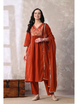 Meera Fab - Rust Embroidered Regular Cotton Kurta with Pant and Dupatta