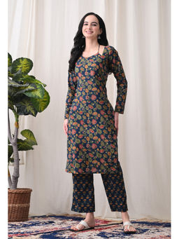 Meera Fab - Navy Blue Printed Regular Cotton Kurta and Pant