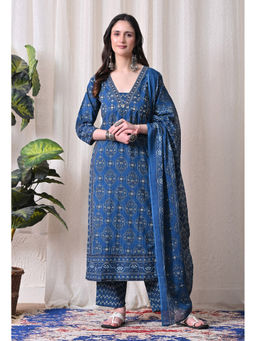 Meera Fab - Blue Printed Regular Cotton Kurta with Pant and Dupatta