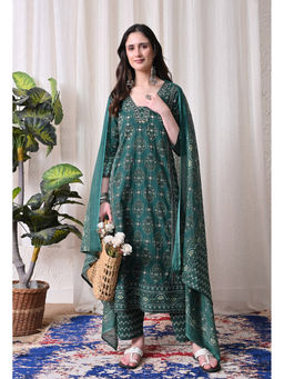 Meera Fab - Green Printed Regular Cotton Kurta with Pant and Dupatta