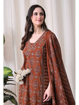 Meera Fab - Rust Printed Regular Cotton Kurta with Pant and Dupatta